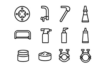 Pipe Repair Tools Icons. Outline icon set of Pipe repair tools: pipe threader, pipe bender, pipe reamer,