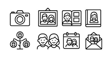 Family Photo Icons. Outline icon set of family photo collection: camera, photo frame, scrapbook, album, tree,