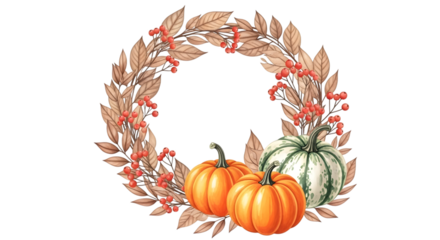 A rustic autumn wreath with dried leaves and berries, featuring two orange pumpkins and one green striped pumpkin, isolated on white isolated on transparent background