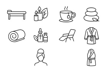 Spa Retreat Icons. Outline icon set of Spa and wellness retreats: massage table, scented candles, herbal tea,