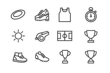 Ultimate Frisbee Icons. Outline icon set of ultimate frisbee: frisbee disc, sneakers, jersey, stopwatch, sun,