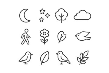 Naklejka premium Nature Stroll Icon Set. Outline icon set of calming nature strolls: moon, stars, tree, person walking, flower,
