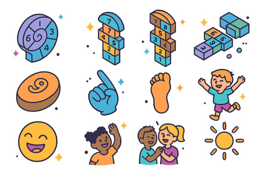 Global Hopscotch Icons. Colorful isometric vector icons set of global variations of hopscotch: French escargot grid, Indian stapoo