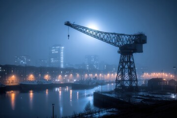 Obraz premium Dramatic nighttime view of an industrial crane over a misty city river with glowing lights.