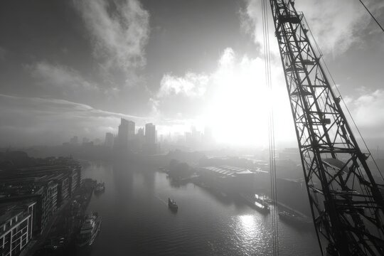 Gritty black and white city river view, industrial crane, bright sun. - Powered by Adobe