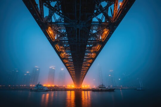 Illuminated bridge over misty river at night, hazy urban reflections. - Powered by Adobe