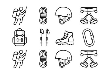 Trekking Icon Set. Outline icon set of Trekking and mountaineering: climber, rope, helmet, harness, backpack,