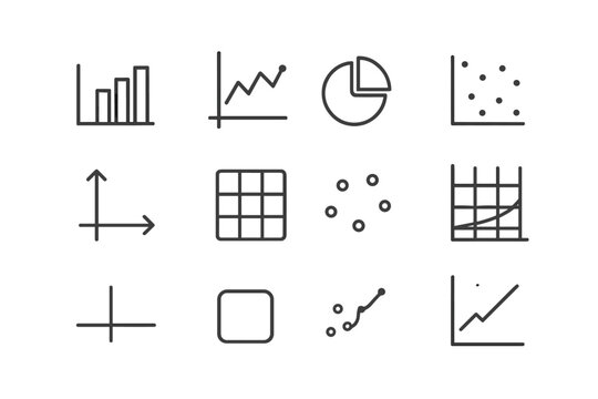 Graph Icon Set. Outline icon set of Graphs and charts: bar chart, line graph, pie chart, scatter plot, axis,