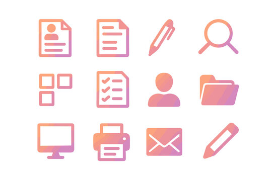 Gradient Resume Icon Set. Gradient icons set of resume and cover letter revamp: resume document, cover letter sheet, pen,