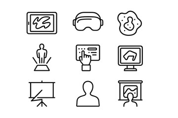 Digital Art Icons. Outline icon set of Digital art installations: tablet screen, VR headset, abstract digital