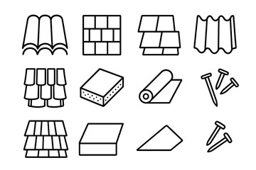 Fototapeta na wymiar Roofing Materials Icons. Outline icon set of Roofing materials flat lay: clay tiles, asphalt shingles, slate