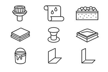 Flat Roof Essentials Icons. Outline icon set of Flat roof essentials: drainage outlet, waterproof membrane,