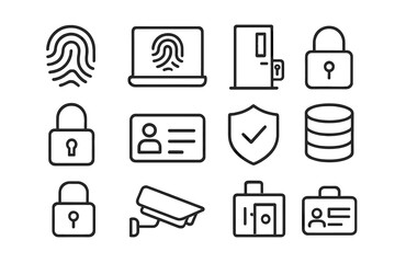 Workplace Security Icons. Outline icon set of workplace biometric security: fingerprint scanner, laptop,