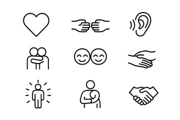 Emotional Connection Icons. Outline icon set of Emotional connection: open heart, hands touching, listening