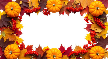 A festive autumn border composed of mini pumpkins, vibrant red berries, and colorful fall leaves on a transparent background, creating a seasonal frame