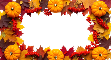 A festive autumn border composed of mini pumpkins, vibrant red berries, and colorful fall leaves on a transparent background, creating a seasonal frame