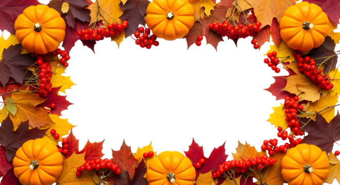 A festive autumn border composed of mini pumpkins, vibrant red berries, and colorful fall leaves on a transparent background, creating a seasonal frame
