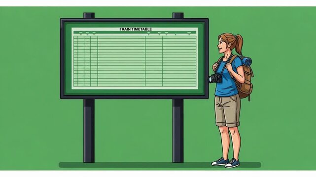 Animated traveler with backpack checks train timetable for adventure planning and exploring the world with her camera for her next destination.