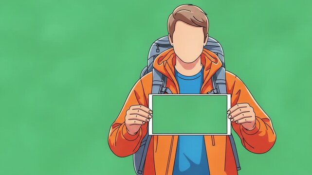 Animated traveler with backpack displaying a blank green sign for custom message, perfect for travel, adventure, and outdoor promotions and announcements.
