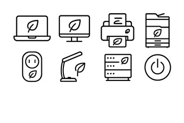 Office Efficiency Icons. Outline icon set of Office energy efficiency: laptop, desktop monitor, printer,