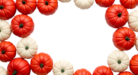 Frame of small red and white pumpkins on a transparent background