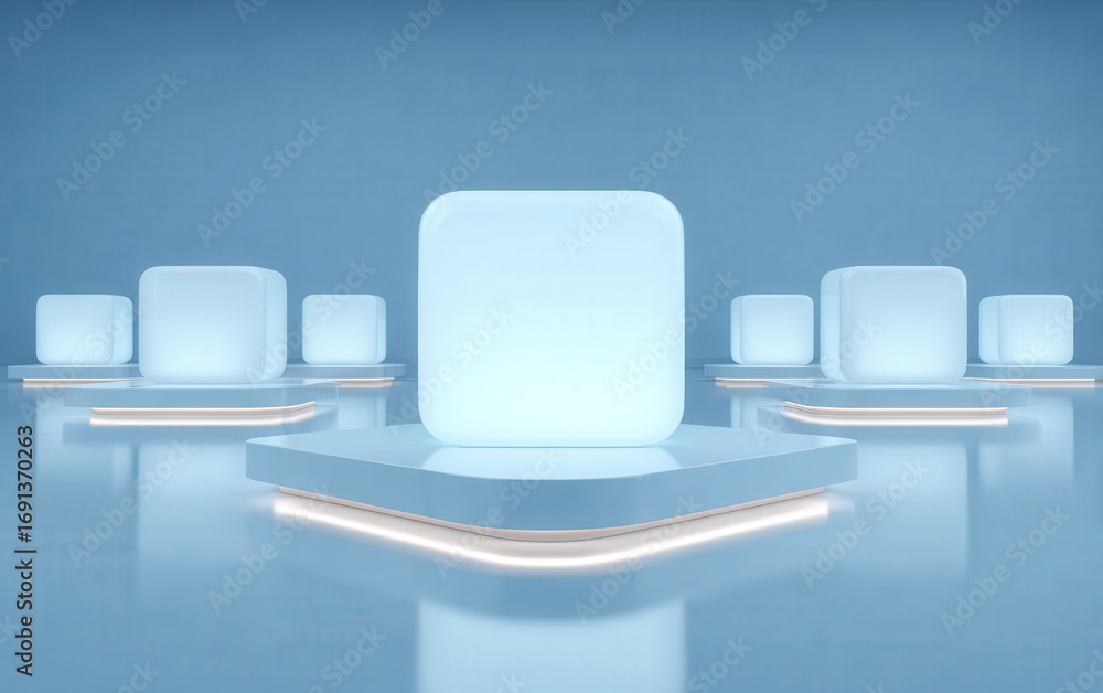 Poster modern square display platforms with glowing edges in light blue background