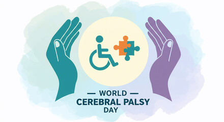 Naklejka premium World Cerebral Palsy Day vector graphic with caring hands, a wheelchair icon, and puzzle pieces
