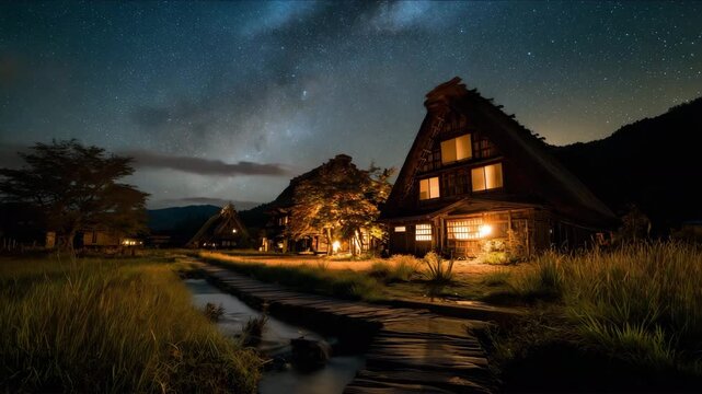 茅葺古民家が穏やかな夜空の星を映す風景