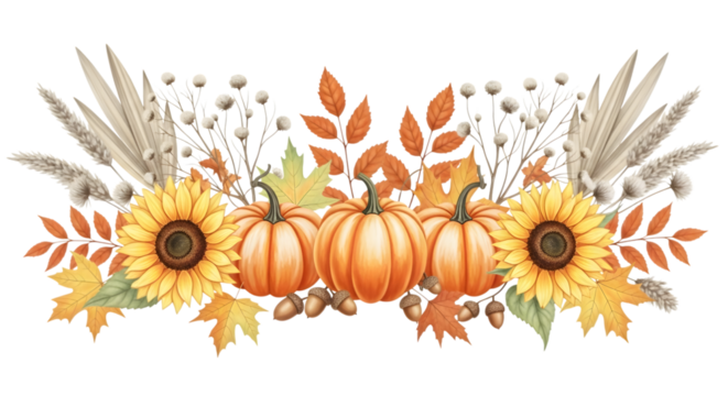 Autumn harvest border with pumpkins, sunflowers, acorns, and fall leaves, isolated on transparent background