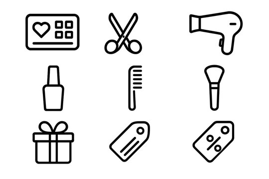 Salon Loyalty Icons. Outline icon set of loyalty card for salon services: loyalty card, scissors, hair dryer,