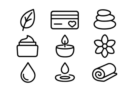 Holistic Beauty Icons. Outline icon set of holistic beauty rewards: herbal leaf, loyalty card, massage stone,