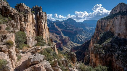 Naklejka premium Canyon landscape with rocky cliffs and sparse vegetation under a blue sky.