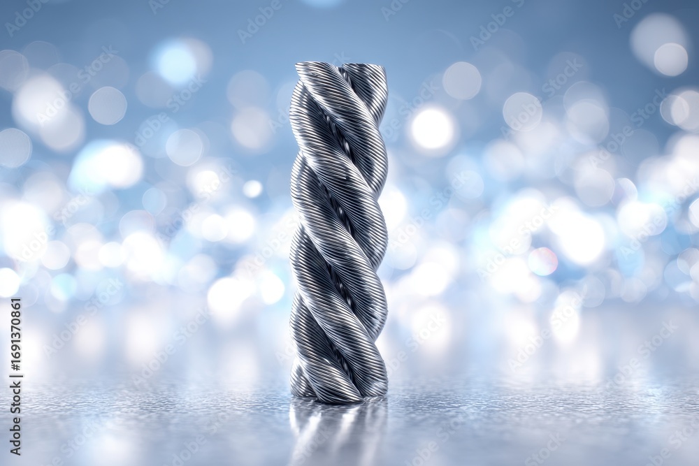 Poster dynamic 3d render of a twisted metal cable on a sparkling blue bokeh backdrop.