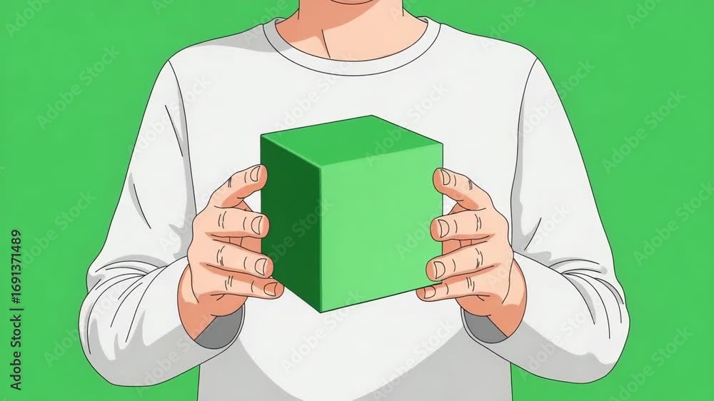 Poster anime style man holding green cube in front of green background animation for visual effects and mot