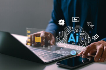 Fototapeta premium Businessman using smartphone and laptop. Artificial intelligence technology with digital data management, futuristic AI innovation for business, big data, cloud computing and machine learning concept.