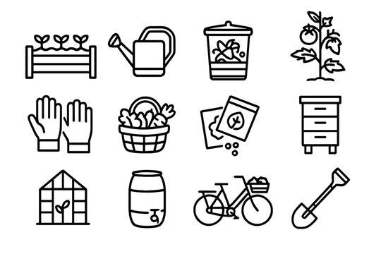 Hyperlocal Food Icons. Outline icon set of hyperlocal food production: raised garden bed, watering can, compost bin, tomato plant, - Powered by Adobe