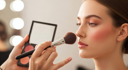 Professional makeup artist applying blush to beautiful woman's cheek using a soft brush for a flawless look