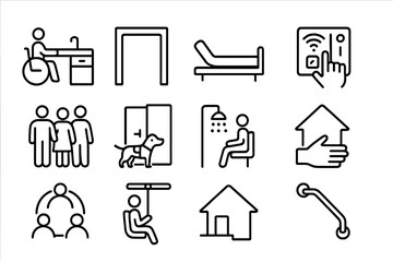Inclusive Housing Icons. Outline icon set of inclusive housing spaces: accessible kitchen counter, wide doorway, adjustable bed,