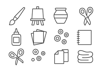 Art Supplies Icons. Outline icon set of arts and crafts: paintbrush, easel, clay pot, scissors, glue, colored
