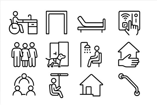 Inclusive Housing Icons. Outline icon set of inclusive housing spaces: accessible kitchen counter, wide doorway, adjustable bed,