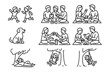 Family Picnic Icon Set. Outline icon set of family picnic moments: children playing, friends laughing, couple