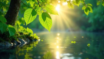 Serene nature scene depicting spiritual healing; sunlight filters through leaves onto tranquil water, promoting a sense of peace and restoration ,  well-being,  landscape