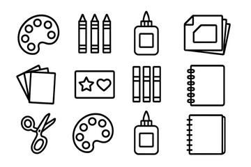 Creative School Supplies Icons. Outline icon set of creative school supplies: paint palette, crayons, glue,