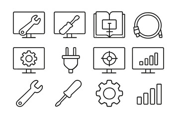 TV Setup Icon Set. Outline icon set of TV maintenance and setup: wrench, screwdriver, manual, cable, power