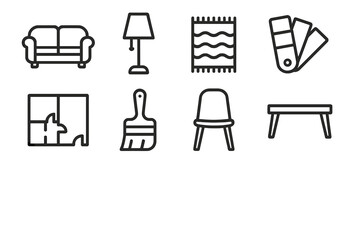 Interior Design Icons. Outline icon set of Interior design planning: sofa, lamp, rug, color palette, floor