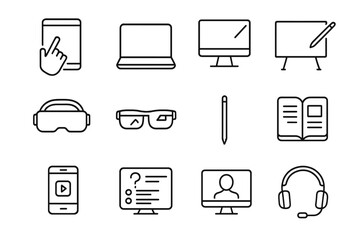 Interactive Learning Tools Icons. Outline icon set of Interactive learning tools: touchscreen tablet, laptop, desktop computer,