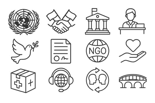International Cooperation Icons. Outline icon set of international cooperation: UN emblem, handshake across flags, embassy