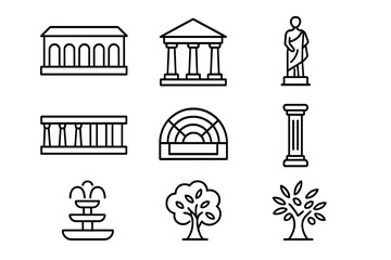 Naklejka premium Greek Icons Outline. Outline icon set of Greek public life: agora, temple, statue, stoa, theater, column,