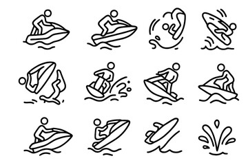 Jet Ski Trick Icons. Outline icon set of jet ski tricks: rider jump, wave jump, spin maneuver, backflip, spray turn, rider leaning
