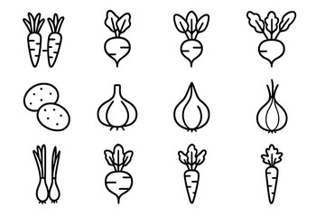June Root Vegetables Icons. Outline icon set of root vegetables in June: baby carrots, beets, radishes, turnips, new potatoes,